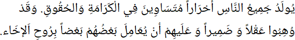 يُولَدُ جَمِيعُ النَّاسِ أحْرَاراً مُتَسَاوِينَ فِي الْكَرَامَةِ وَالحُقُوقِ. وَقَدْ وُهِبُوا عَقْلاً وَ ضَمِيراً وَ عَلَيهِمْ أنْ يُعَامِلَ بَعْضُهُمْ بَعْضاً بِرُوحِ اَلإخَاء