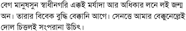 বেগ মানুষসুন স্বাধীনগরি এক্কই মর্যাদা আর অধিকার লনে লই জন্ম অন। তারার বিবেক বুদ্ধি বেক্কানি আগে। সেনত্তে আমার বেক্কুনেল্লেই দোল চিত্তলই সংপরানা উচিৎ।