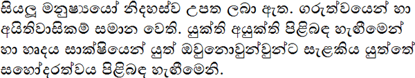 සියලූ මනුෂ්‍යයෝ නිදහස්ව උපත ලබා ඇත. ගරුත්වයෙන් හා අයිතිවාසිකම් සමාන වෙති. යුක්ති අයුක්ති පිළිබඳ හැඟීමෙන් හා හෘදය සාක්ෂියෙන් යුත් ඔවුනොවුන්වුන්ට සැළකිය යුත්තේ සහෝදරත්වය පිළිබඳ හැඟීමෙනි.