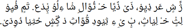 ژٍّ شٍ عَر ذِیِوْ، ذَیْ ذٌیًا خـْ ٿُوًالِ شْا ءِلُوُ پٍ۟دْع. تَمٍ فُیِوْ لِثٍ۟ خـْ لِیْاثٍ، بٍ۟ یٍ۟ ءِ ثِیْودِ قُوًاثِ دْ ڭٍ۟شٍ حُثِیْا دُوِدَیْ.